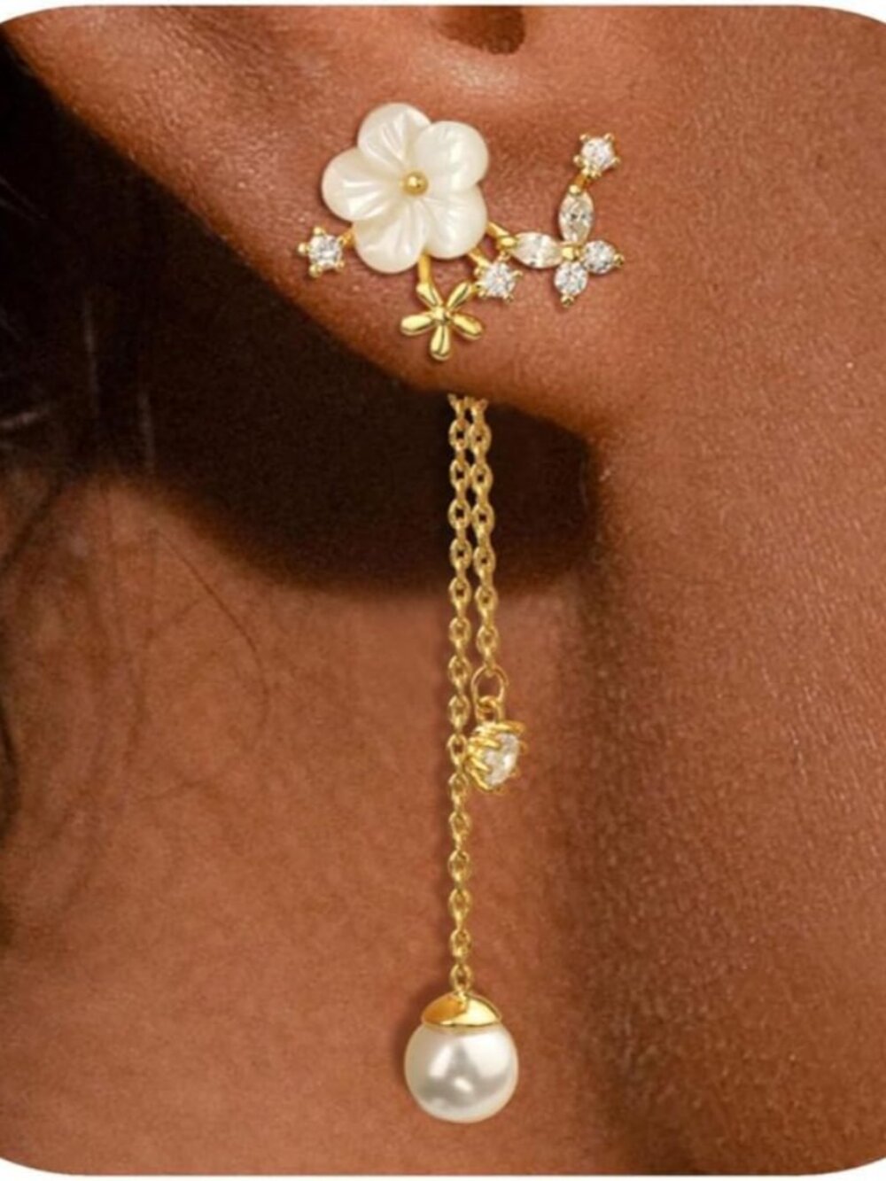 Dangle Pearl Drop Gold Earrings for Women Flower Wedding Jewelry | Dangling for